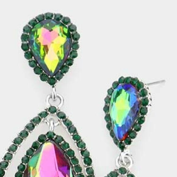 Teardrop Oil Spill Crystal Dangle Silver Evening Earrings NWT - Picture 3 of 6